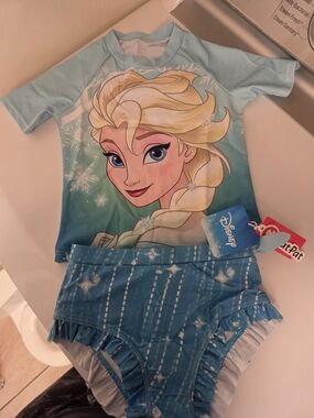 Disney Light Blue & Teal Elsa Rash Guard Swim Set